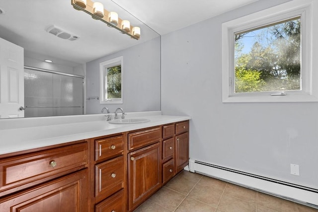 43 Grove Hill Park, Newton, MA 02460 - bathroom featuring baseboard heating, tile patterned floors, vanity, and an enclosed shower