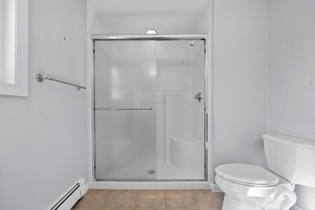 43 Grove Hill Park, Newton, MA 02460 - full bathroom featuring tile patterned floors, toilet, a stall shower, and a baseboard radiator