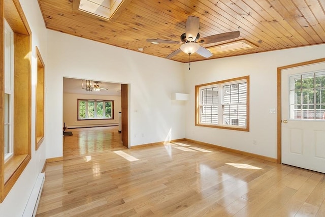 728 River St, Winchendon, MA 01475 - entrance foyer featuring wooden ceiling, plenty of natural light, a skylight, a baseboard radiator, and light wood-type flooring