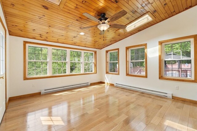 728 River St, Winchendon, MA 01475 - empty room featuring a baseboard heating unit, vaulted ceiling, wood ceiling, ceiling fan, and a skylight