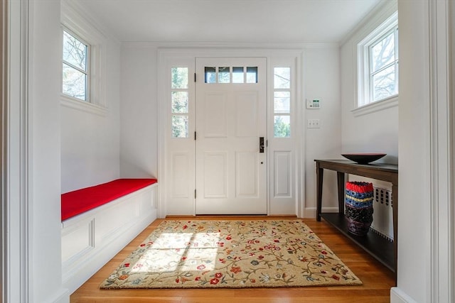 foyer featuring plenty of natural light, crown molding, and wood finished floors