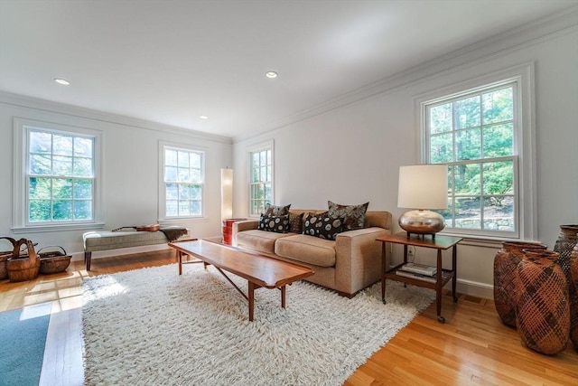 living area with crown molding, baseboards, recessed lighting, and light wood finished floors