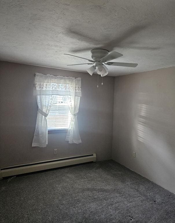 unfurnished room featuring a ceiling fan, a baseboard radiator, carpet, and a textured ceiling