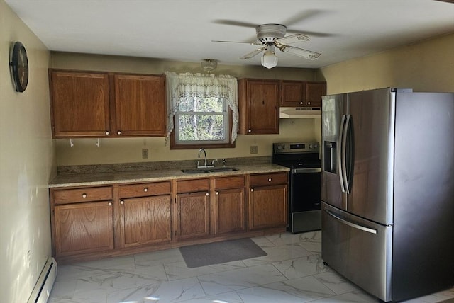 kitchen featuring ceiling fan, appliances with stainless steel finishes, a sink, marble finish floor, and a baseboard heating unit
