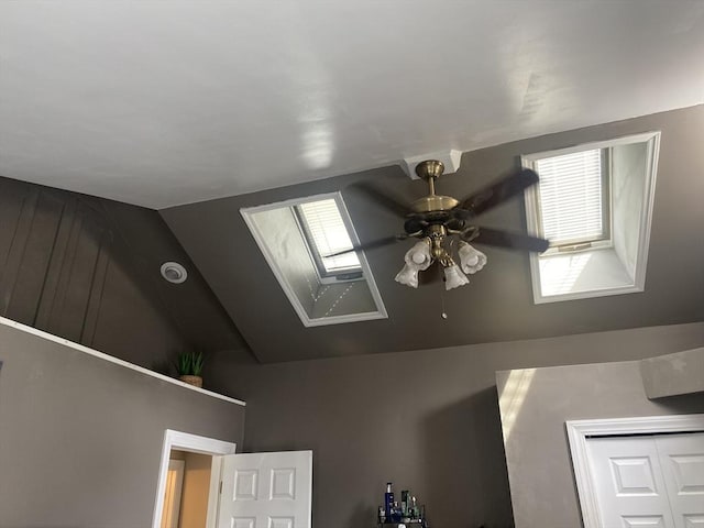 details with a ceiling fan and a skylight
