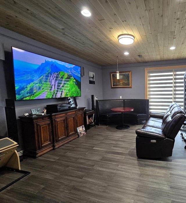 9 Venner Rd, Arlington, MA 02476 - living room with recessed lighting, dark wood-style flooring, and wooden ceiling