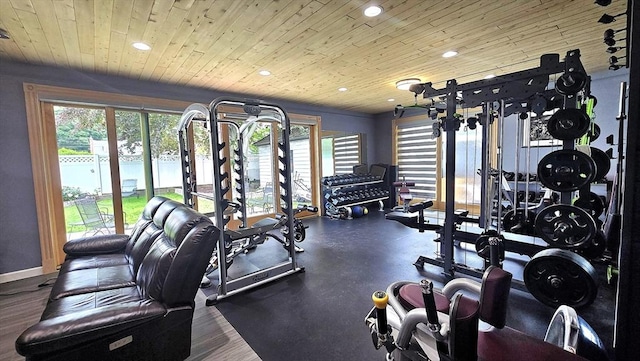 9 Venner Rd, Arlington, MA 02476 - workout area with healthy amount of natural light, recessed lighting, baseboards, and wooden ceiling