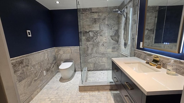 9 Venner Rd, Arlington, MA 02476 - full bath featuring vanity, toilet, a tile shower, tile walls, and recessed lighting