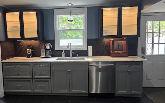 9 Venner Rd, Arlington, MA 02476 - kitchen with dishwasher, a sink, gray cabinetry, decorative backsplash, and ornamental molding