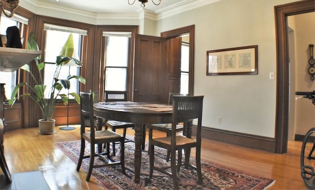 dining space featuring hardwood / wood-style floors, ornamental molding, and a chandelier