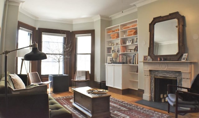 living area featuring hardwood / wood-style floors and crown molding