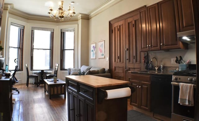 kitchen with sink, black dishwasher, dark hardwood / wood-style flooring, wooden counters, and stainless steel stove