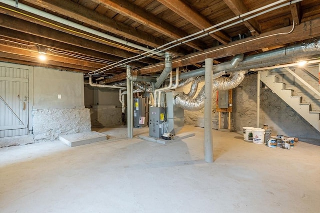 unfinished below grade area with electric panel, water heater, stairway, and heating unit