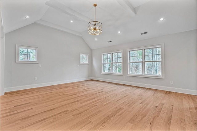 spare room with light wood finished floors, visible vents, lofted ceiling with beams, and baseboards