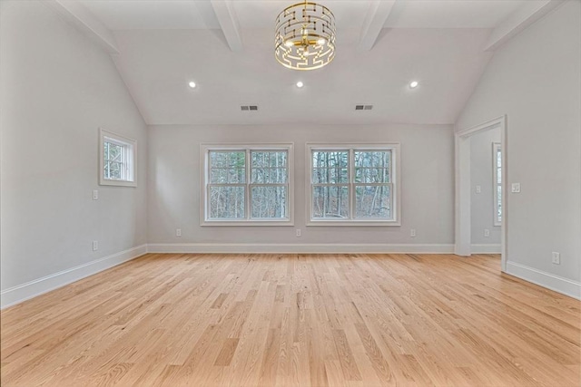 unfurnished room featuring a notable chandelier, baseboards, visible vents, and light wood-type flooring