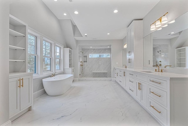 full bath featuring a sink, a marble finish shower, plenty of natural light, and marble finish floor