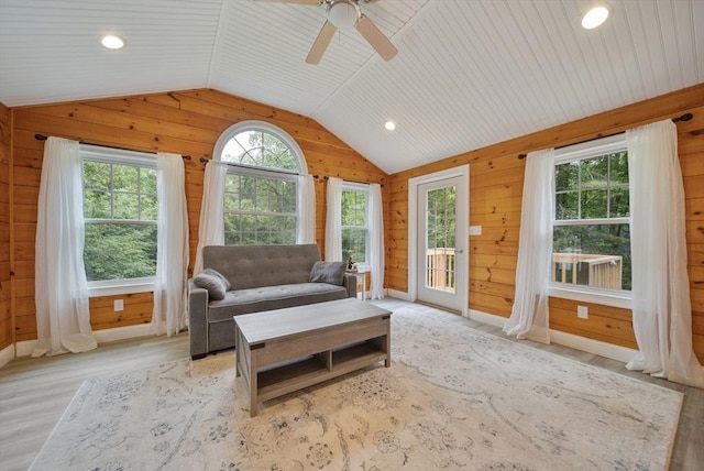 80 E St, Pepperell, MA 01463 - living area with lofted ceiling, a ceiling fan, light wood-style flooring, wood walls, and recessed lighting