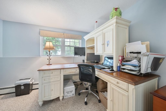 80 E St, Pepperell, MA 01463 - office area featuring light colored carpet, a baseboard heating unit, and a textured ceiling