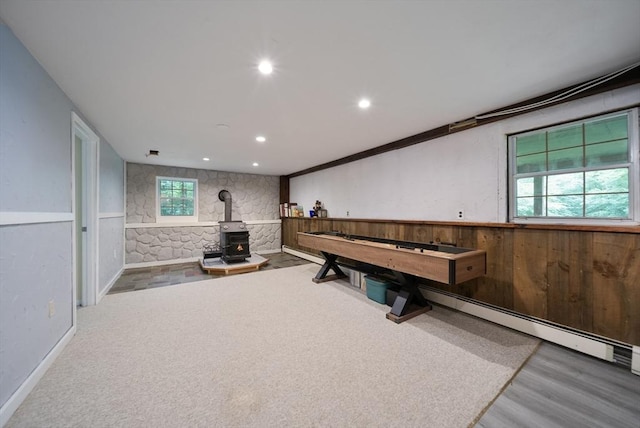 80 E St, Pepperell, MA 01463 - game room featuring a wood stove, wood finished floors, and recessed lighting