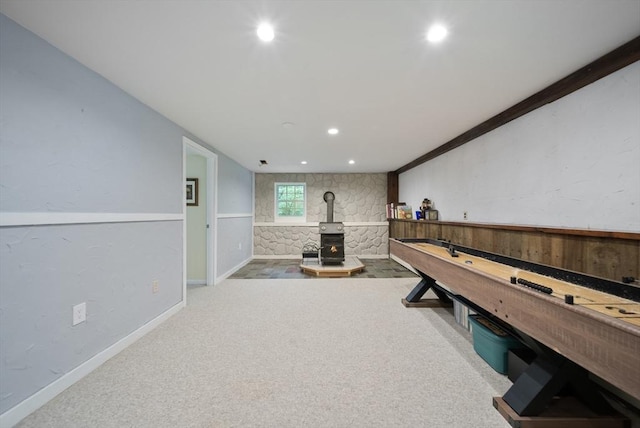 80 E St, Pepperell, MA 01463 - playroom featuring a wood stove, carpet, and recessed lighting