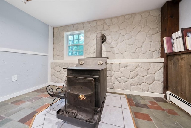 80 E St, Pepperell, MA 01463 - detailed view of a wood stove and a baseboard radiator