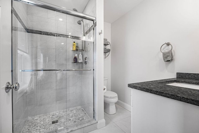 full bath with a stall shower, vanity, toilet, and baseboards