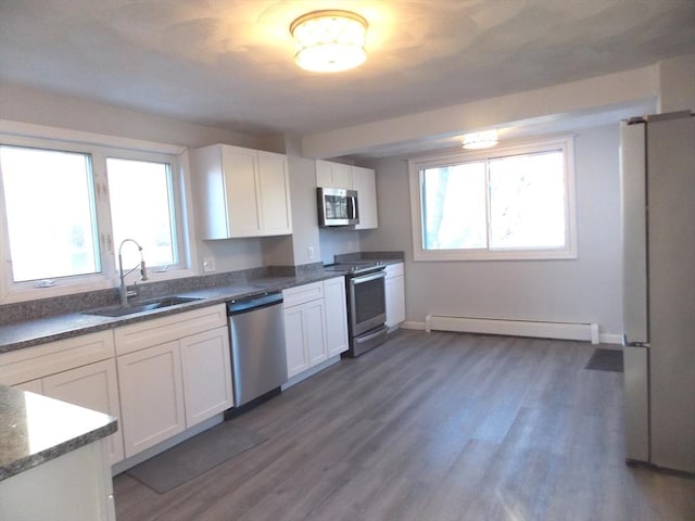 kitchen with sink, white cabinets, a baseboard heating unit, and appliances with stainless steel finishes