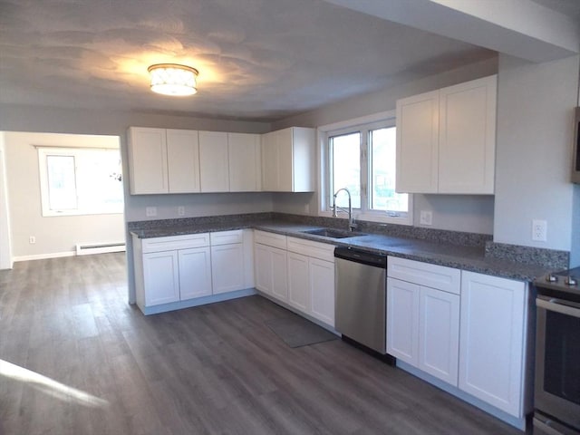 kitchen with white cabinets, baseboard heating, sink, and appliances with stainless steel finishes