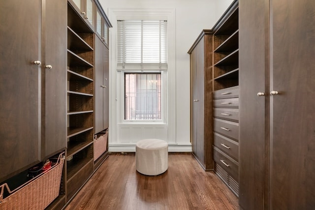 spacious closet featuring a baseboard heating unit and dark wood-type flooring