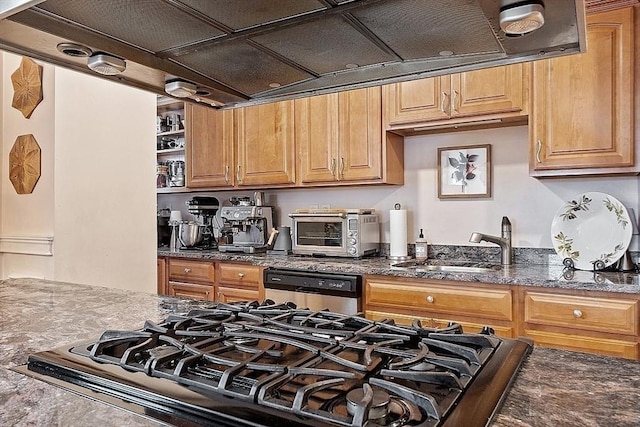 110 O St Unit 1, Boston, MA 02127 - kitchen featuring a sink, dark stone countertops, a toaster, dishwashing machine, and stovetop