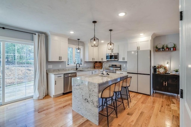 kitchen featuring stainless steel appliances, plenty of natural light, and light hardwood / wood-style floors