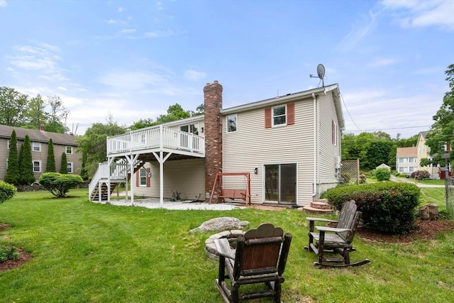 29 Hudson Ave, Southbridge, MA 01550 - back of house with stairs, a wooden deck, a yard, and a chimney