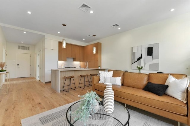 living room featuring sink and light hardwood / wood-style flooring