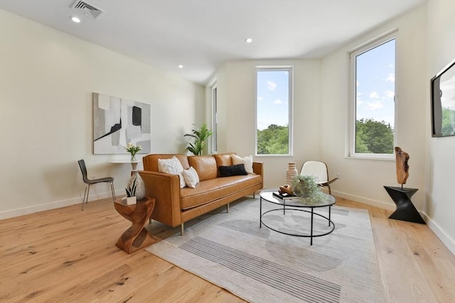 sitting room with plenty of natural light and light hardwood / wood-style flooring