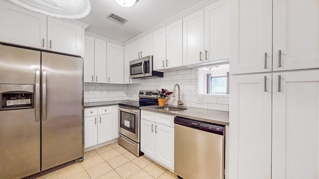 kitchen featuring white cabinets, backsplash, appliances with stainless steel finishes, and a sink