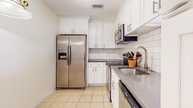 kitchen with visible vents, a sink, tasteful backsplash, appliances with stainless steel finishes, and white cabinets