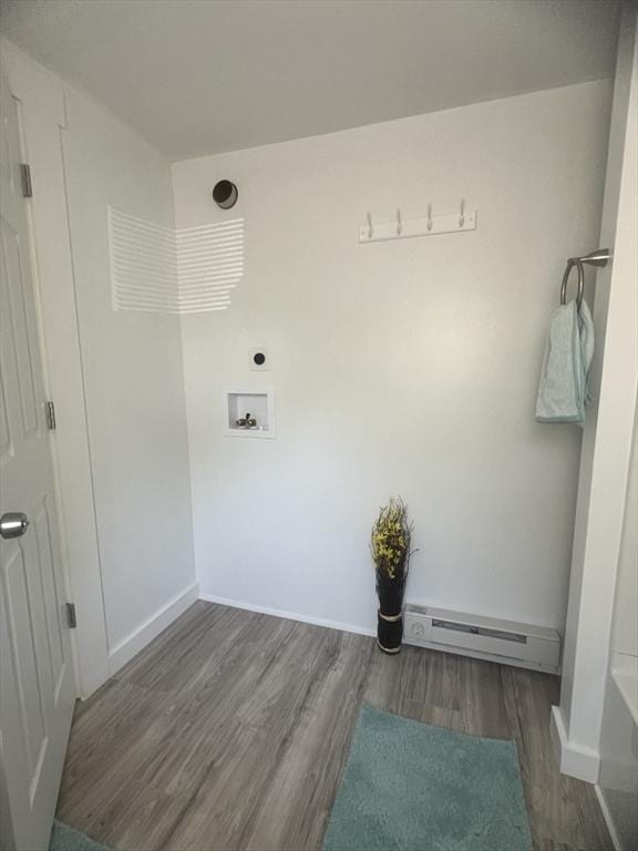 26A Duval Ct, Winchendon, MA 01475 - laundry room with a baseboard heating unit, wood finished floors, baseboards, electric dryer hookup, and hookup for a washing machine