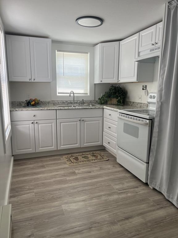 26A Duval Ct, Winchendon, MA 01475 - kitchen featuring white electric range oven, white cabinets, under cabinet range hood, and a sink