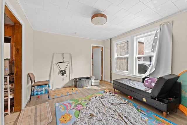 game room with light hardwood / wood-style floors and crown molding