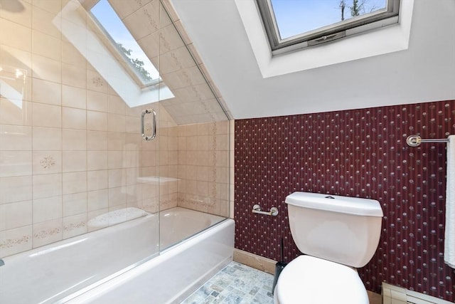 26 Emery Ct, Stoneham, MA 02180 - full bathroom with a skylight, a baseboard heating unit, healthy amount of natural light, bath / shower combo with glass door, and wallpapered walls