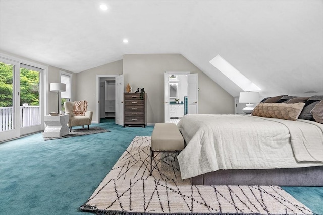 26 Emery Ct, Stoneham, MA 02180 - bedroom with carpet, a skylight, lofted ceiling, access to exterior, and ensuite bathroom