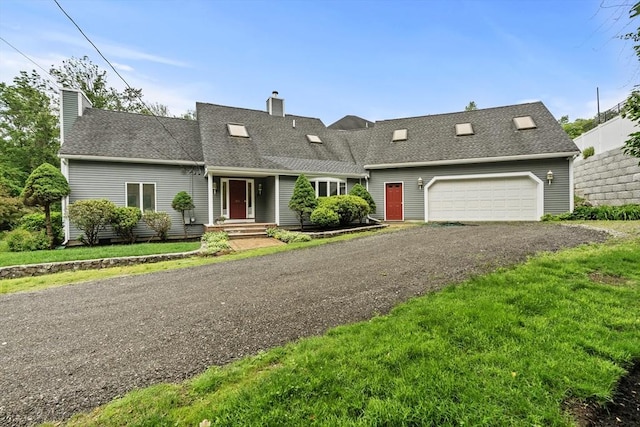 26 Emery Ct, Stoneham, MA 02180 - view of front facade featuring a chimney, a garage, driveway, a front yard, and a shingled roof