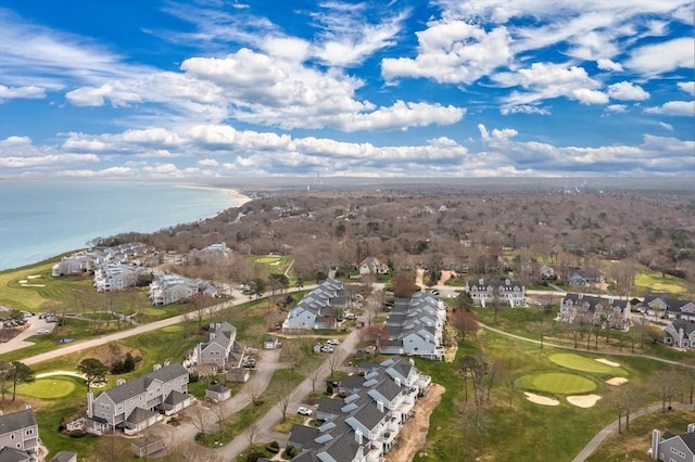 aerial view featuring a residential view, a water view, and golf course view