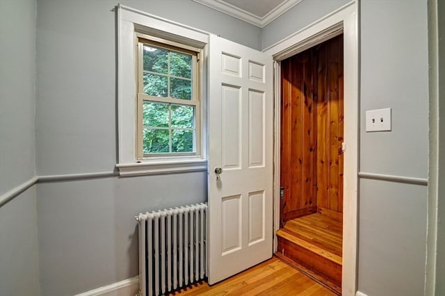 doorway to outside with crown molding, radiator heating unit, and light wood-type flooring