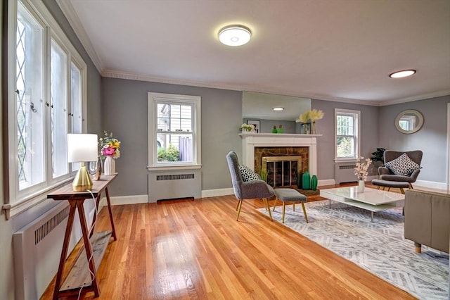 sitting room with light wood-type flooring, radiator heating unit, ornamental molding, and a high end fireplace