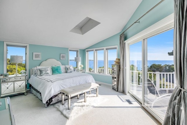 461 Wings Neck Rd, Bourne, MA 02559 - carpeted bedroom featuring lofted ceiling, a water view, access to outside, and a skylight