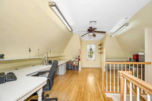 office area featuring light wood-style floors, a ceiling fan, and visible vents