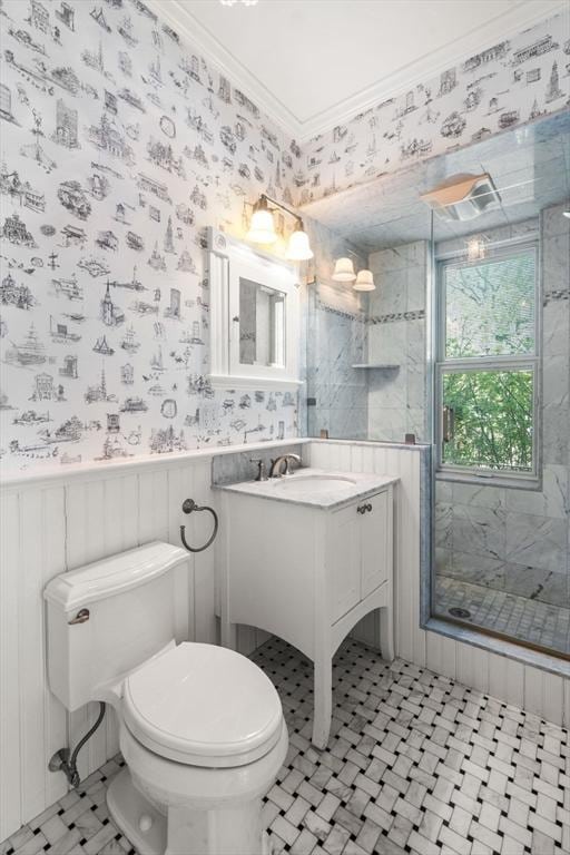8 Browne St Unit 1, Brookline, MA 02446 - full bath featuring a stall shower, wallpapered walls, toilet, vanity, and a wainscoted wall