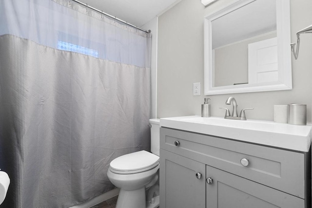 bathroom with vanity, toilet, and shower / bathtub combination with curtain