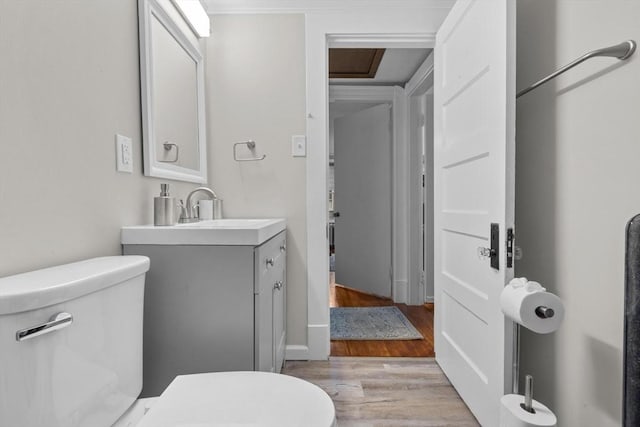 bathroom with vanity, wood finished floors, and toilet